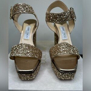 Jimmy Choo Maie Gold Glitter Platform Heels size 38